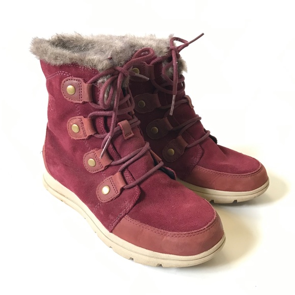 Sorel Explorer Joan Waterproof Boots Womens 8.5 Red Maroon Suede Faux Fur Snow - Picture 3 of 12